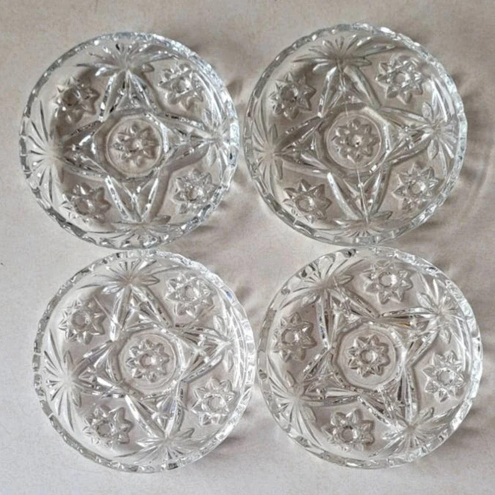 Set of 4 Pressed Vintage Anchor Hocking Prescut Clear Glass Ashtrays or Coasters
